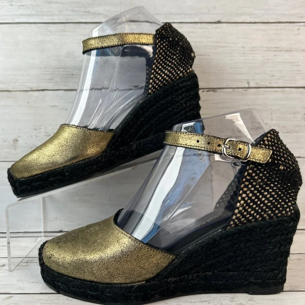 Paseart Espadrille Sandals Womens 5.5-6/36 Metallic Gold Leather Wedge Heel Shoe